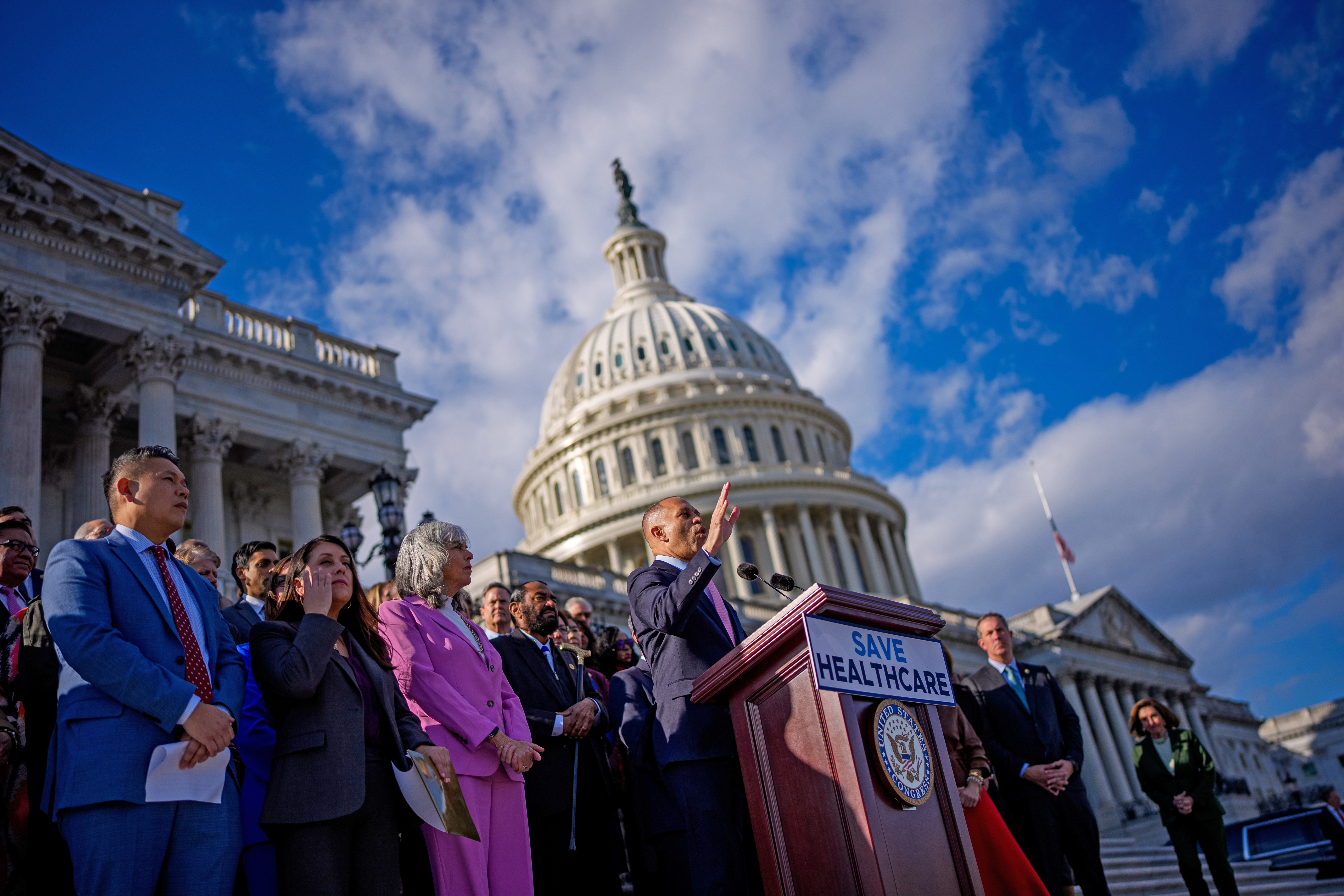 House Minority Leader Hakeem Jeffries (D-NY), joined by fellow House Democrats, speaks on the House steps on Nov. 12, 2025 in Washington, DC.